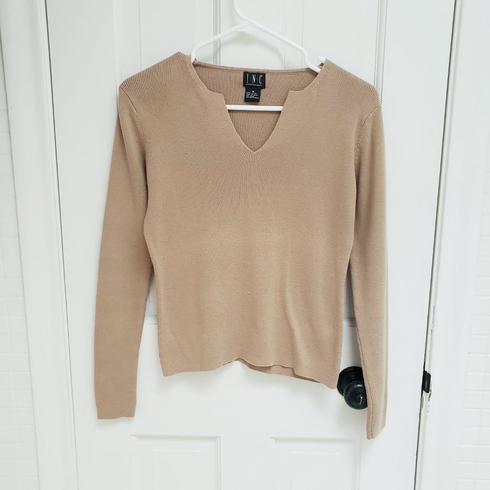 INC Camel Tan Knit Top M Long Sleeve Cotton V Neck Sweater
